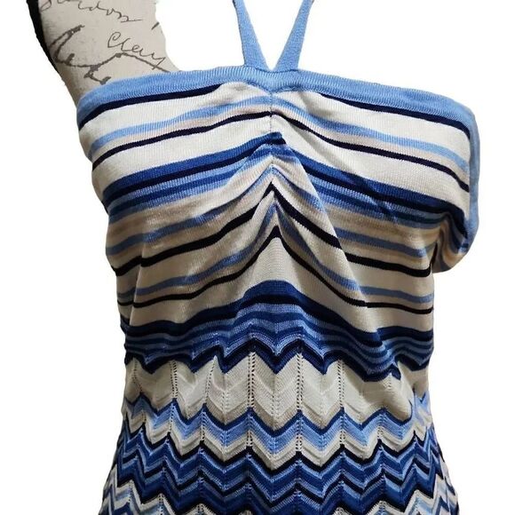 New Crave Fame Blue & White Chevron Open Weave Knit Halter Dress- Size Large - Picture 7 of 9